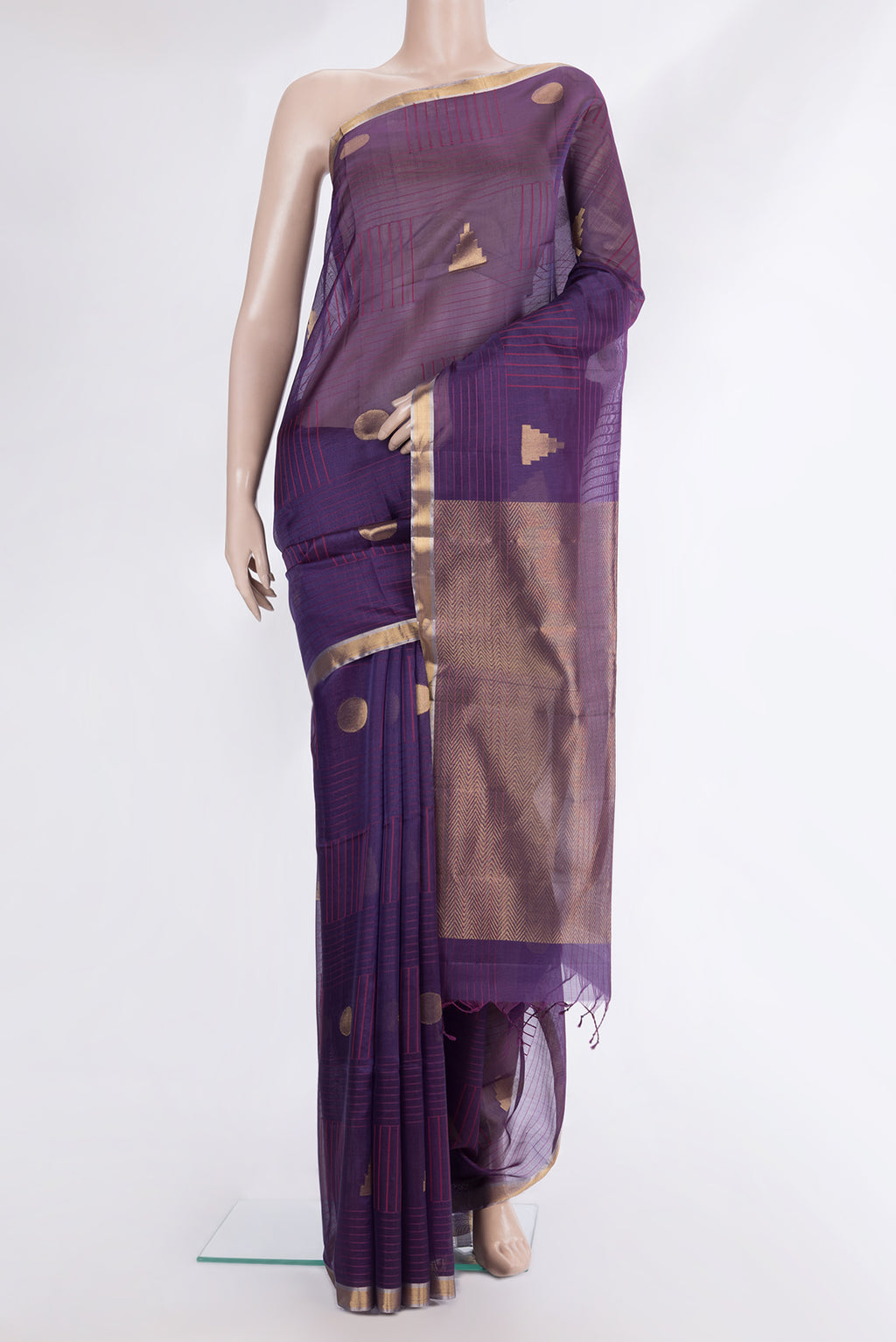 Pure Silk Purple Dual Tone Tussar Saree with Stripes on the body and Zari Border.  displayed on a mannequin