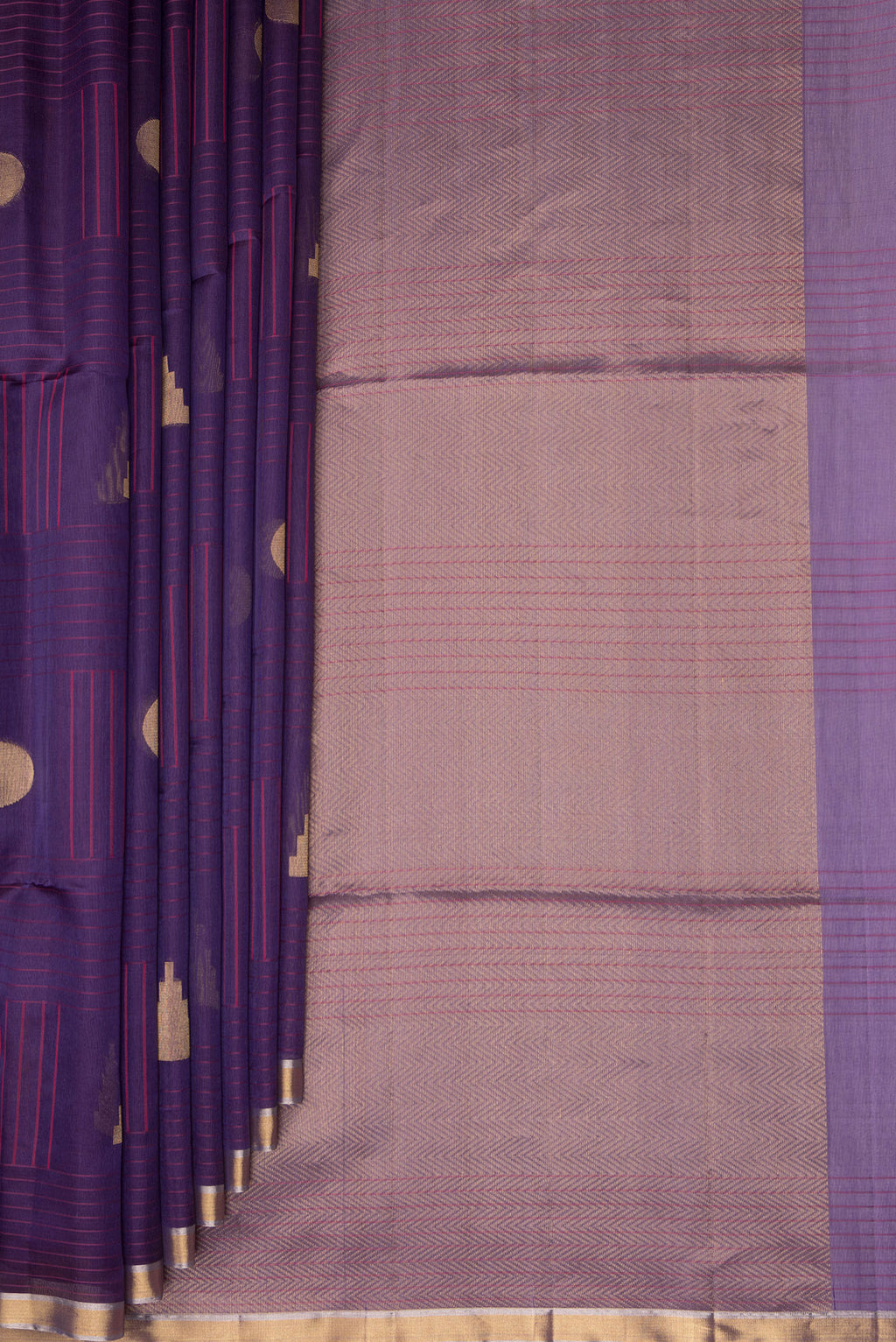 Pleats and pallu of Pure Silk Purple Dual Tone Tussar Saree with Stripes on the body and Zari Border. 