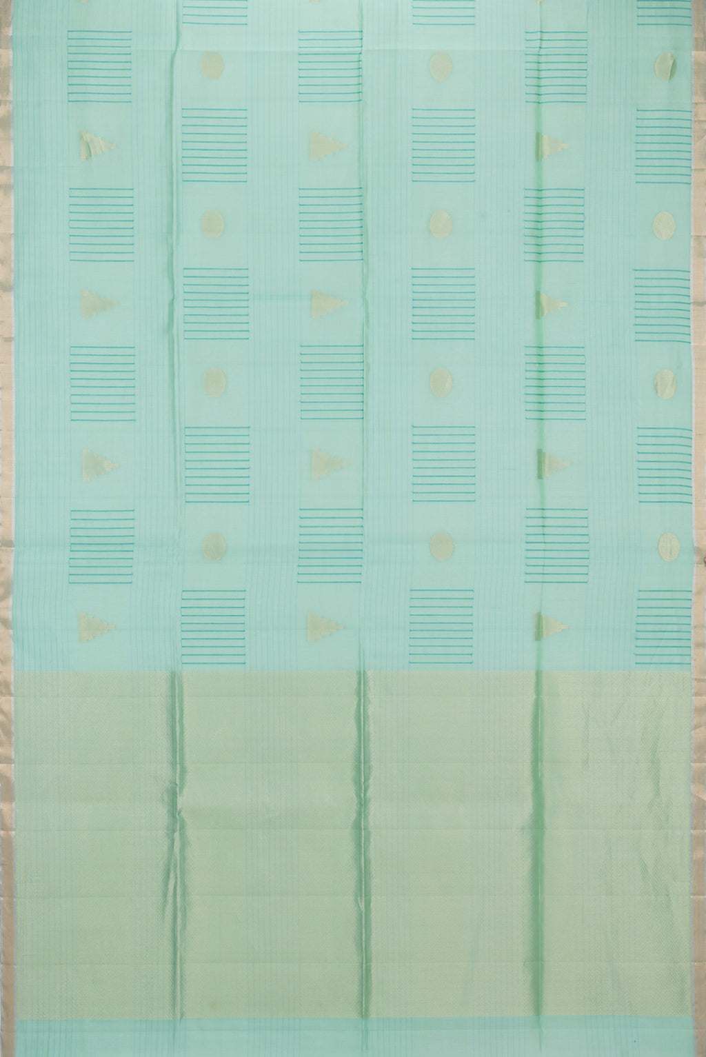Flat view of Pure Silk Sea Green Dual Tone Tussar Saree with Stripes on the body and Zari Border. 