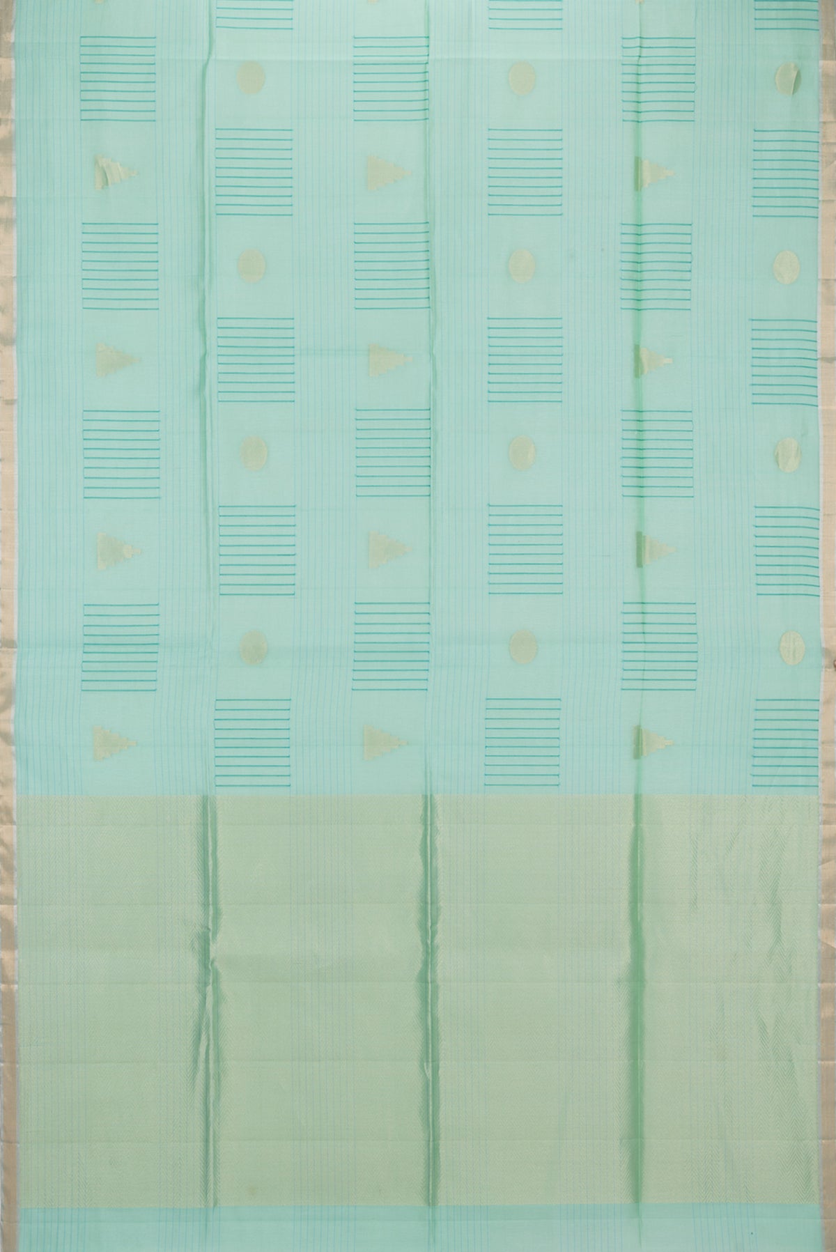Flat view of Pure Silk Sea Green Dual Tone Tussar Saree with Stripes on the body and Zari Border. 