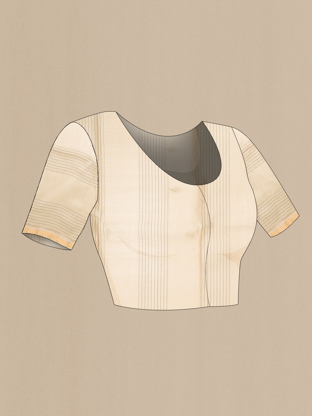 Close up image of the blouse of Pure Silk Beige Soft Saree with Checked design on the body and Zari Border. 
