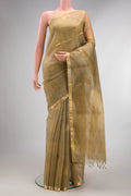 Pure Silk Beige Soft Saree with Checked design on the body and Zari Border.  displayed on a mannequin