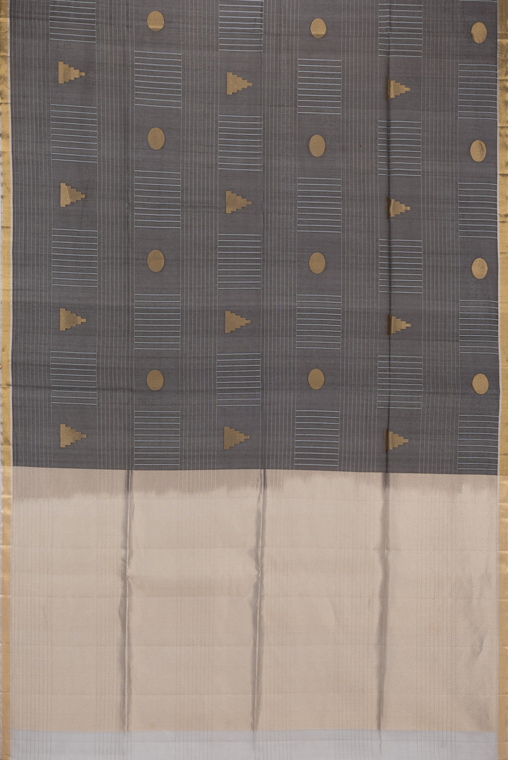 Pure Silk Black Tussar Saree with Stripes on the body and Zari Border.  displayed on a mannequin