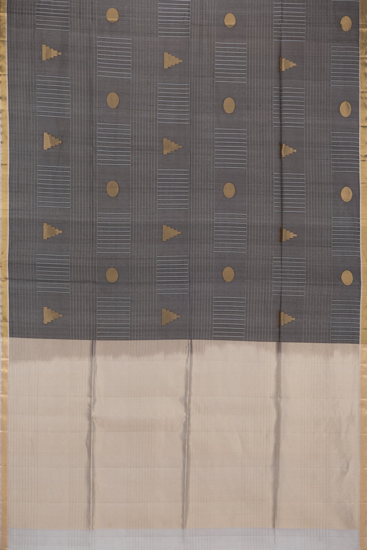 Flat view of Pure Silk Black Tussar Saree with Stripes on the body and Zari Border. 