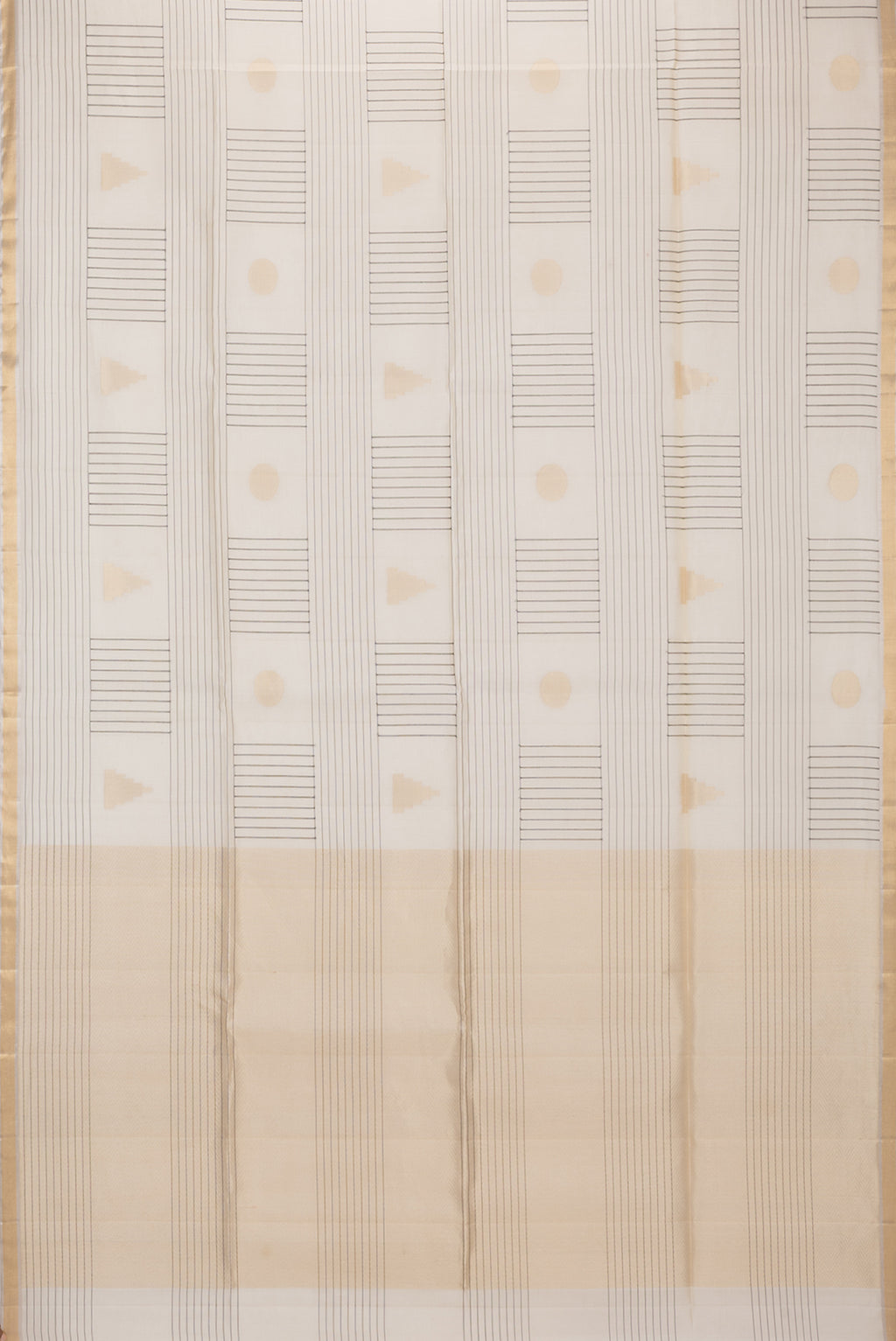Flat view of Cream Tussar Saree with Stripes on the body and Zari Border. 