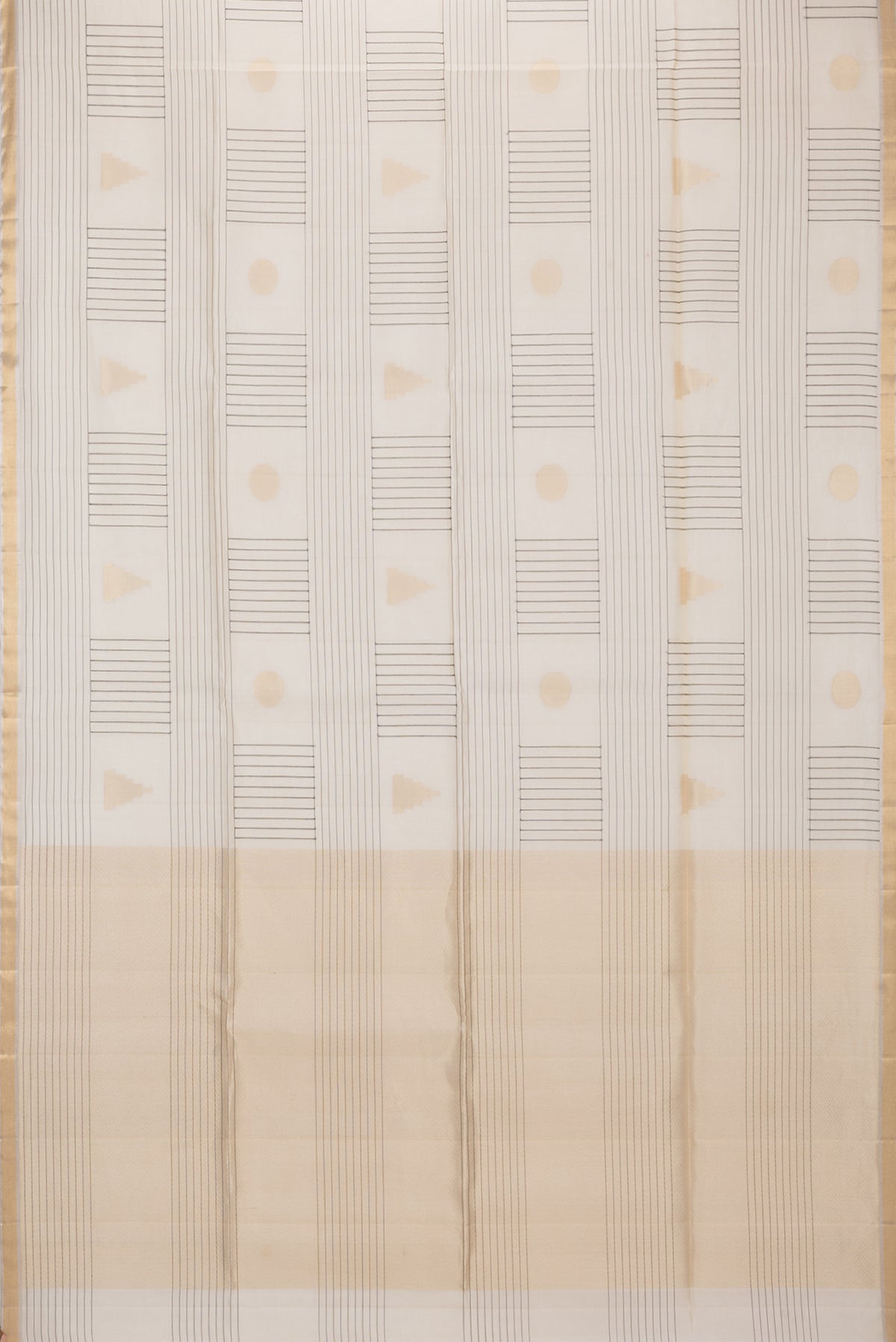 Cream Tussar Saree with Stripes on the body and Zari Border.  displayed on a mannequin