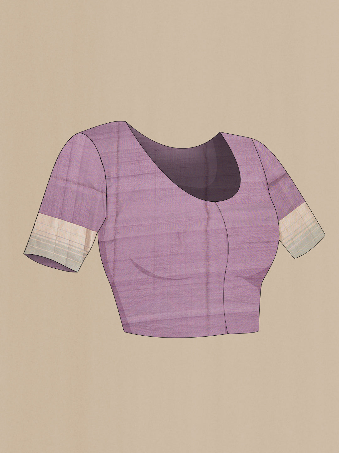 Close up image of the blouse of Mauve Tussar Saree with Zari Butta on the body and Zari Border. 