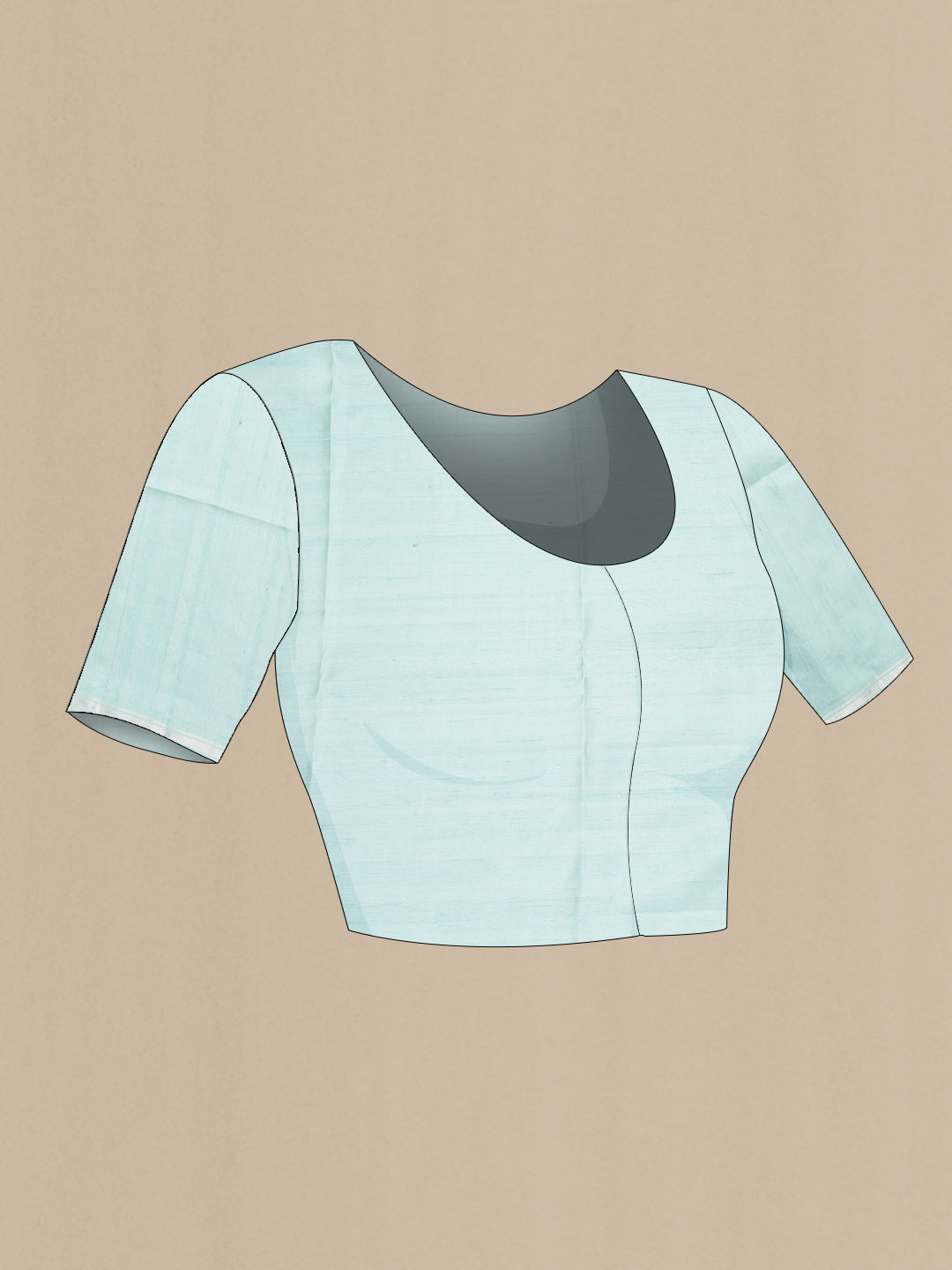 Close up image of the blouse of Light Blue Tussar Saree with Zari Butta on the body and Zari Border. 
