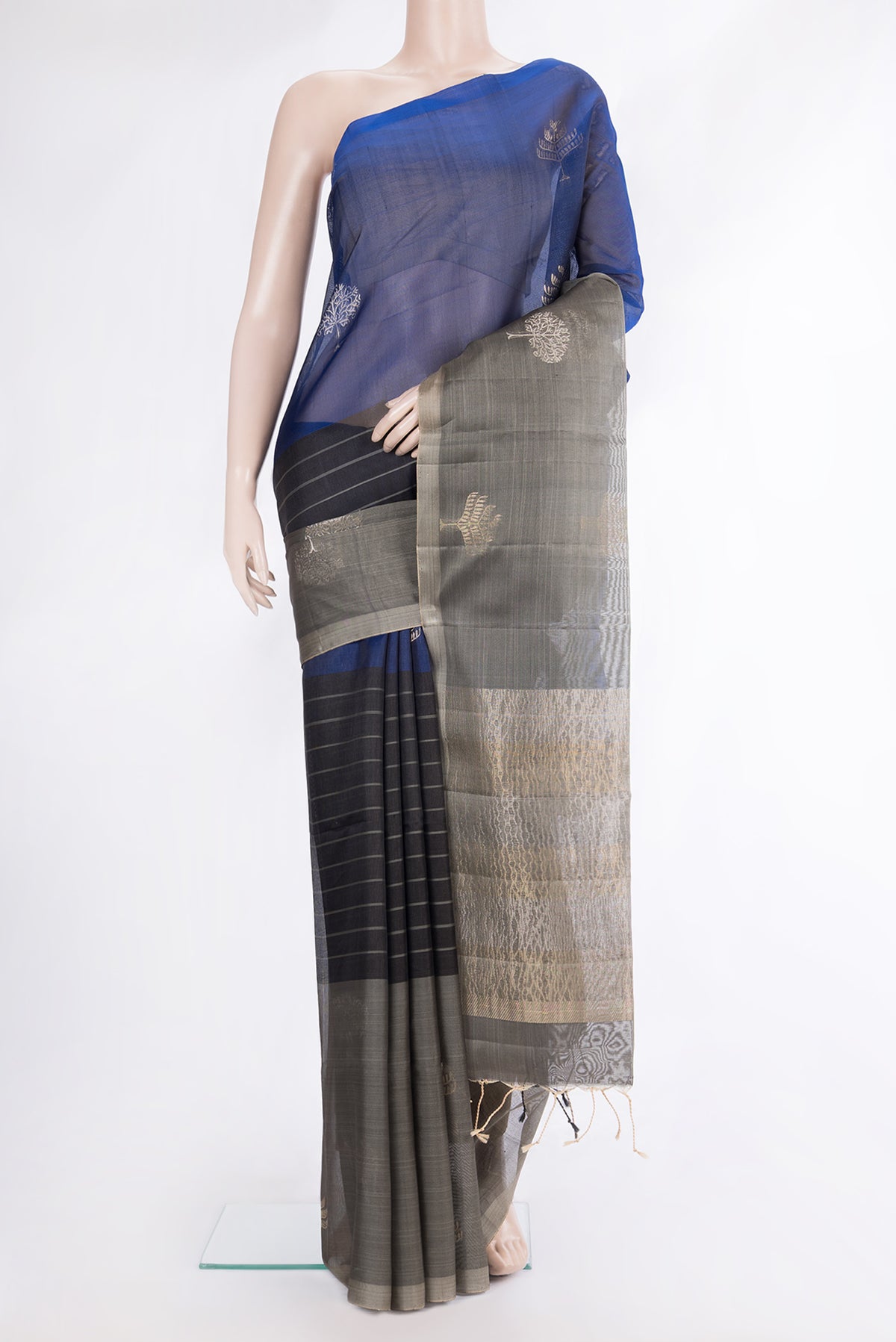 Pure Silk Black Dual Tone Tussar Saree with Stripes on the body and Ganga Jamuna Border.  displayed on a mannequin