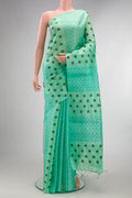 Pure Silk Sea Green Soft Saree with Thread Butta on the body and Without Border.  displayed on a mannequin