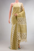 Pure Silk Sandal Soft Saree with Thread Butta on the body and Without Border.  displayed on a mannequin