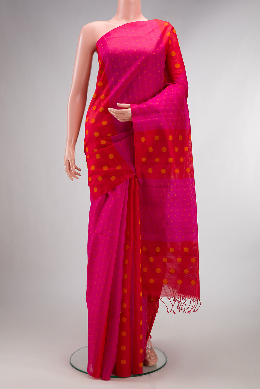 Pure Silk Multi Color Soft Saree with Thread Butta on the body and Without Border.  displayed on a mannequin