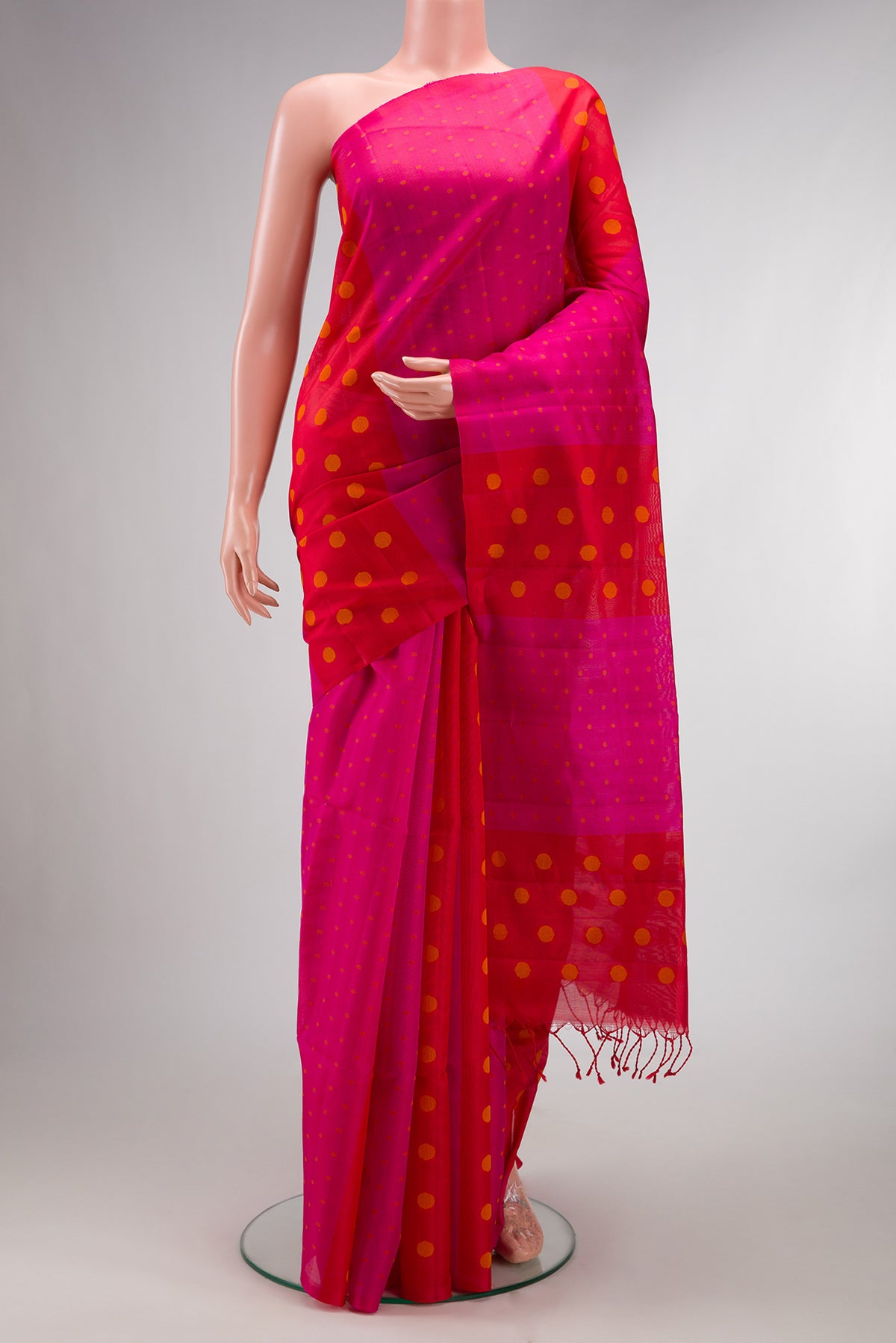 Pure Silk Multi Color Soft Saree with Thread Butta on the body and Without Border.  displayed on a mannequin