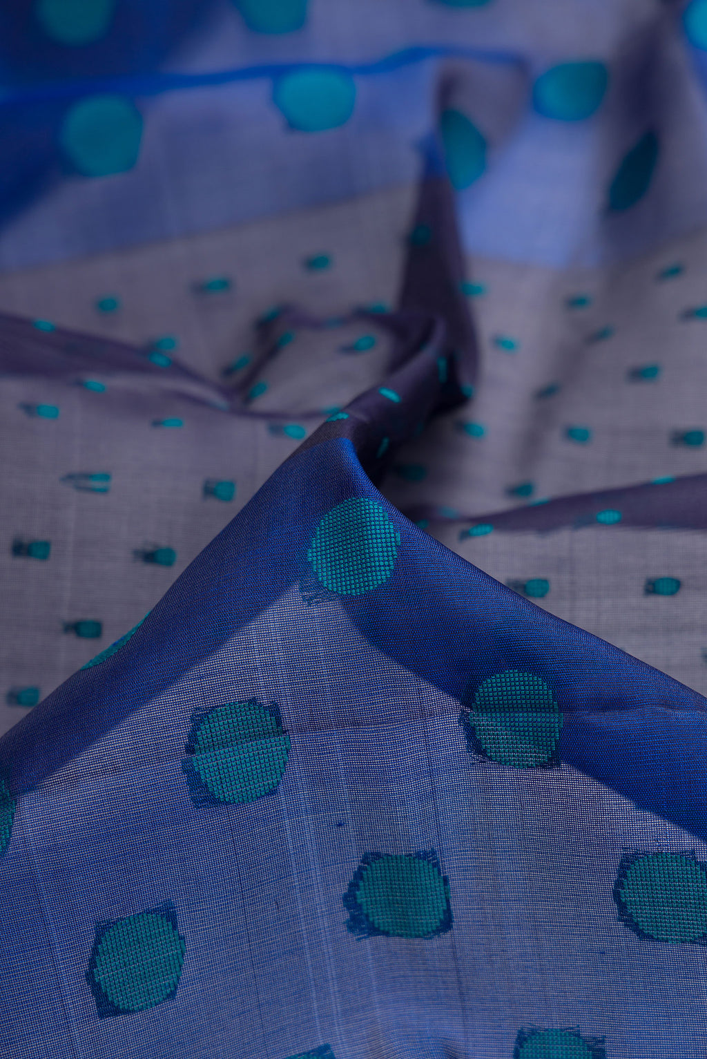 Close up of Pure Silk Multi Color Soft Saree with Thread Butta on the body and Without Border.  displaying folds