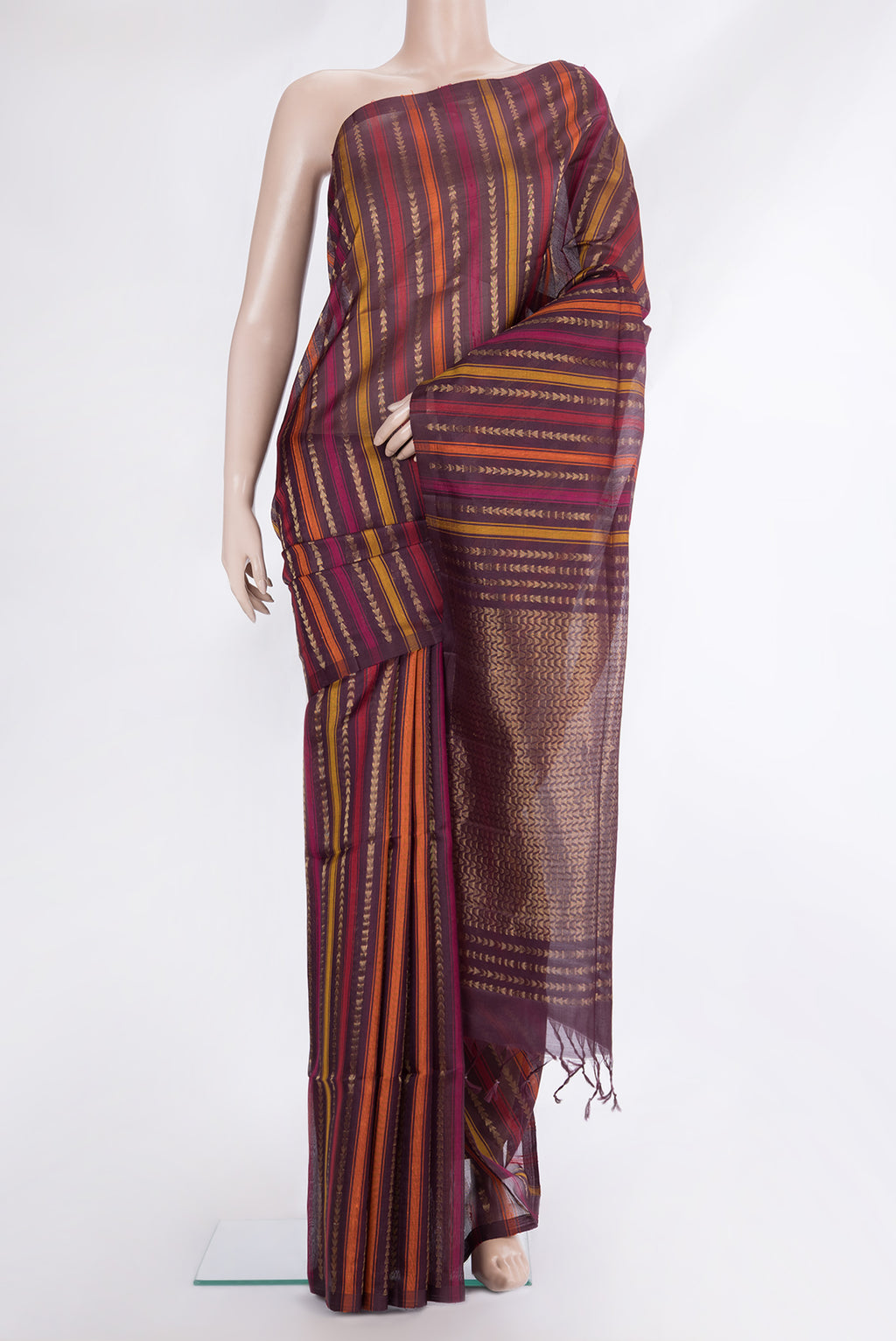 Pure Silk Purple Dual Tone Tussar Saree with Stripes on the body and Zari Border.  displayed on a mannequin