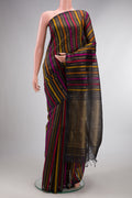 Black Tussar Saree with Stripes on the body and Without Border.  displayed on a mannequin
