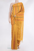 Pure Silk Mustard Dual Tone Tussar Saree with Stripes on the body and Zari Border.  displayed on a mannequin