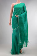 Green Dual Tone Organza Saree with Stripes on the body and Zari Border.  displayed on a mannequin