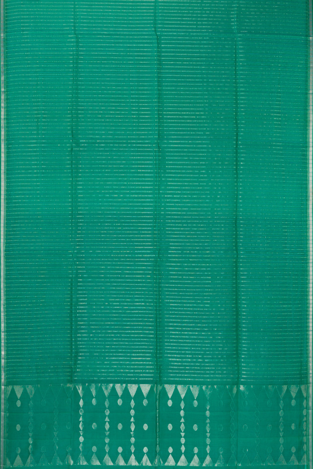 Flat view of Green Dual Tone Organza Saree with Stripes on the body and Zari Border. 