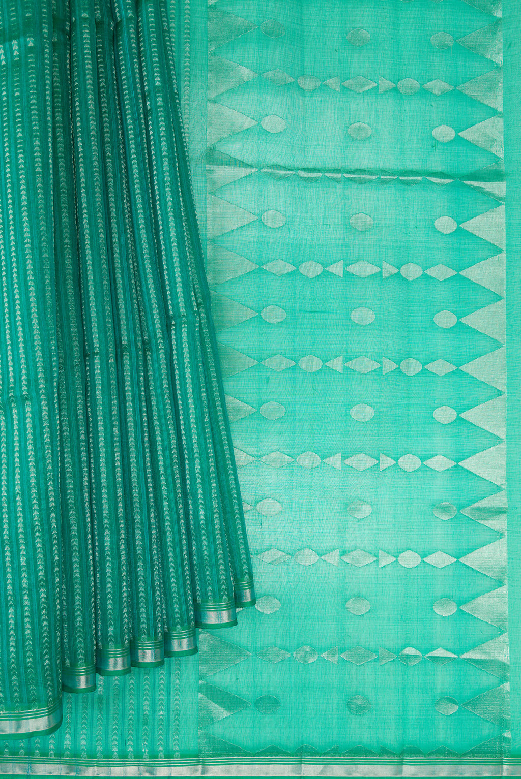 Pleats and pallu of Green Dual Tone Organza Saree with Stripes on the body and Zari Border. 