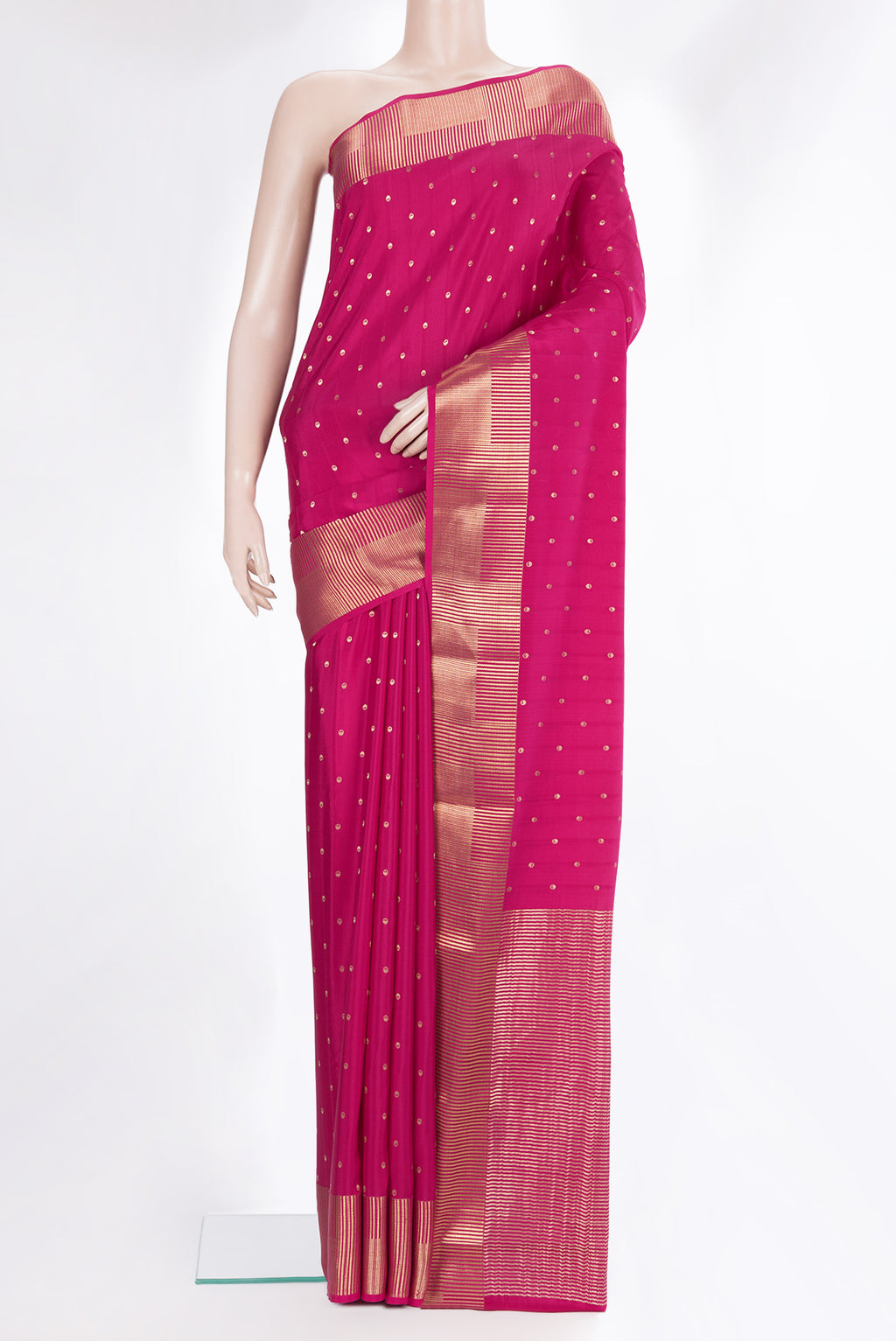 Pure Silk Dark Pink Dual Tone Mysore Silk Saree with Zari Butta on the body and Zari Border.  displayed on a mannequin