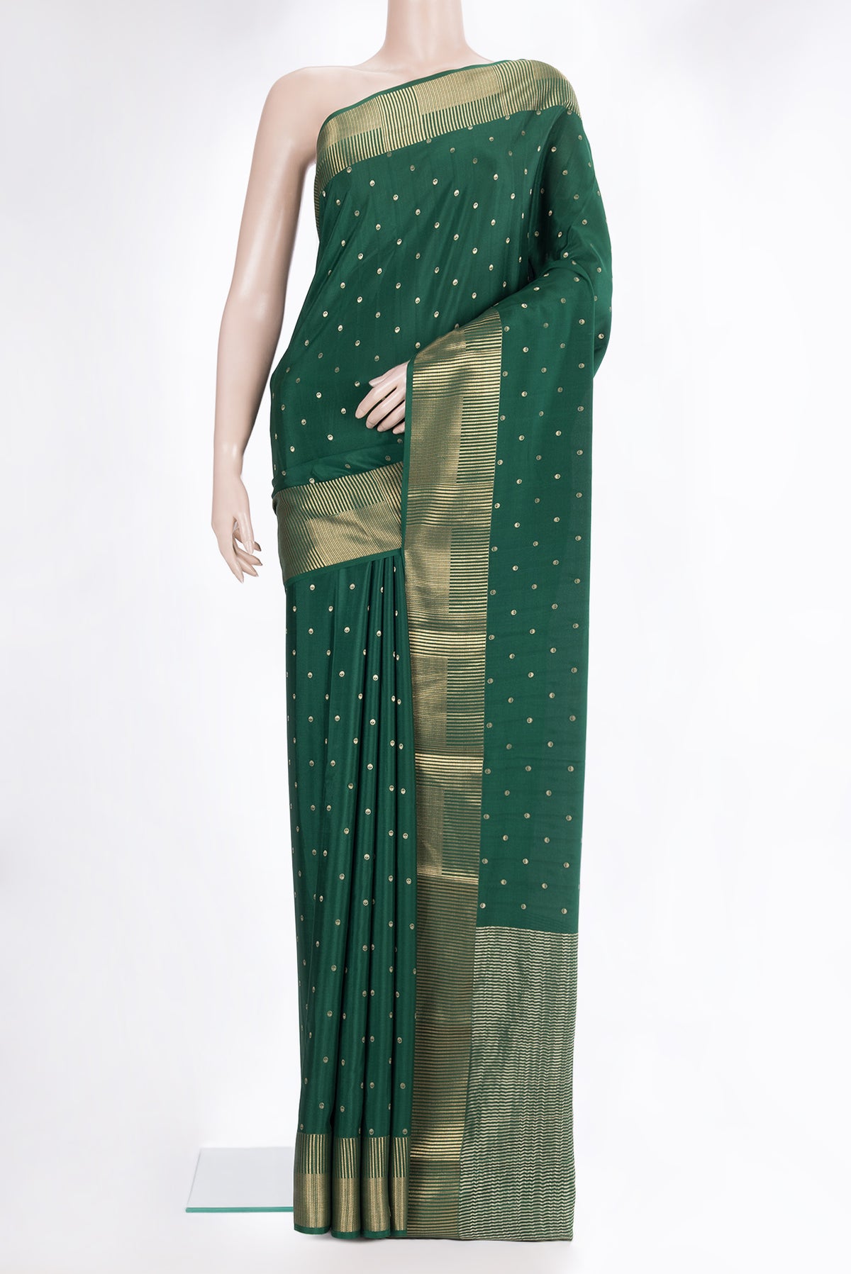 Pure Silk Bottle Green Dual Tone Mysore Silk Saree with Zari Butta on the body and Zari Border.  displayed on a mannequin