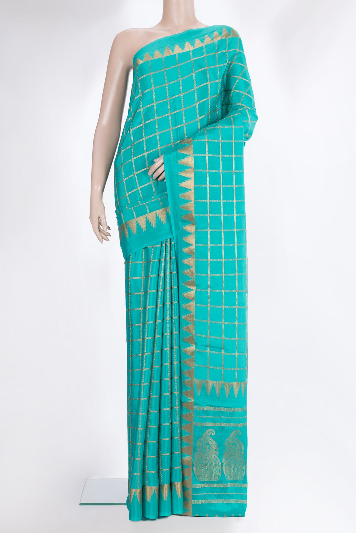 Pure Silk Sky Blue Dual Tone Mysore Silk Saree with Checked design on the body and Fancy Border.  displayed on a mannequin