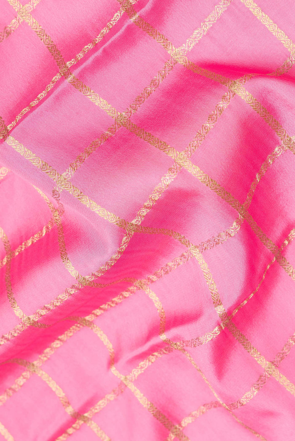 Close up of Pure Silk Pink Dual Tone Mysore Silk Saree with Checked design on the body and Fancy Border.  displaying folds