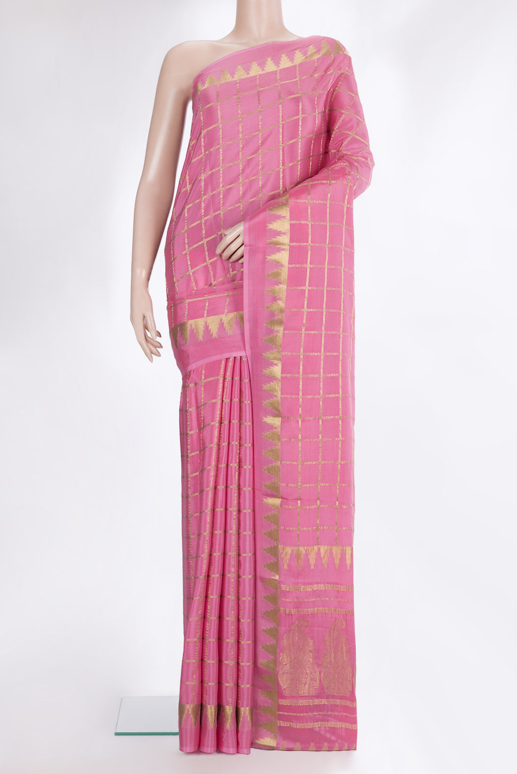 Pure Silk Pink Dual Tone Mysore Silk Saree with Checked design on the body and Fancy Border.  displayed on a mannequin