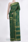 Bottle Green Mysore Crepe Saree with Checked design on the body and Zari Border.  displayed on a mannequin