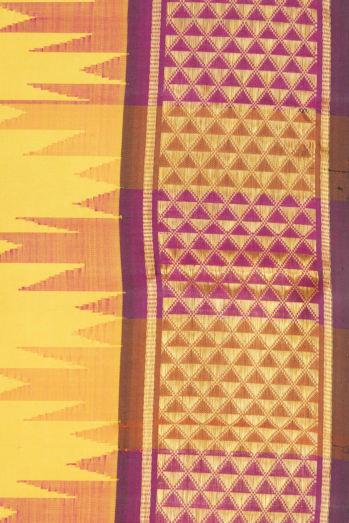Border image of Pure Silk Mustard Dual Tone Kanjivaram Saree with Plain Body and Temple Border. 