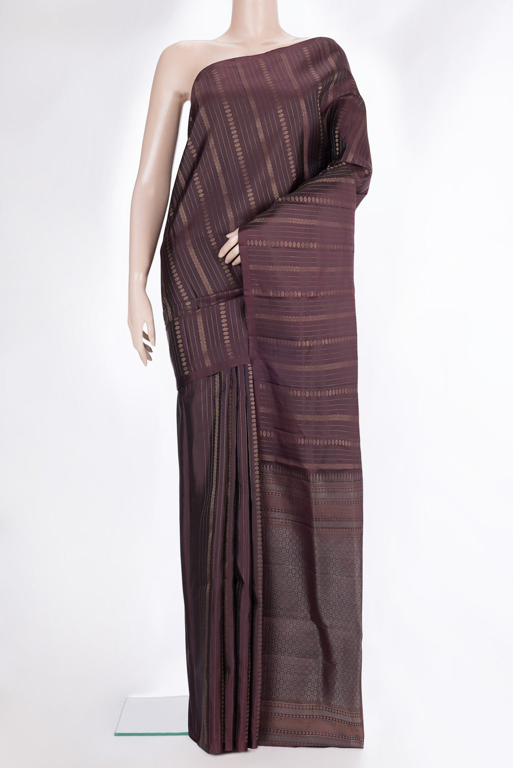 Pure Silk Coffee Brown Dual Tone Soft Saree with Stripes on the body and Without Border.  displayed on a mannequin