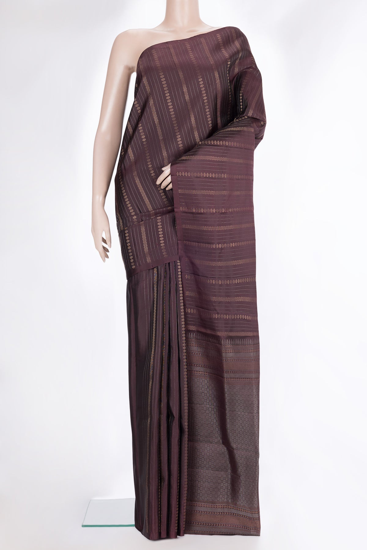 Pure Silk Coffee Brown Dual Tone Soft Saree with Stripes on the body and Without Border.  displayed on a mannequin