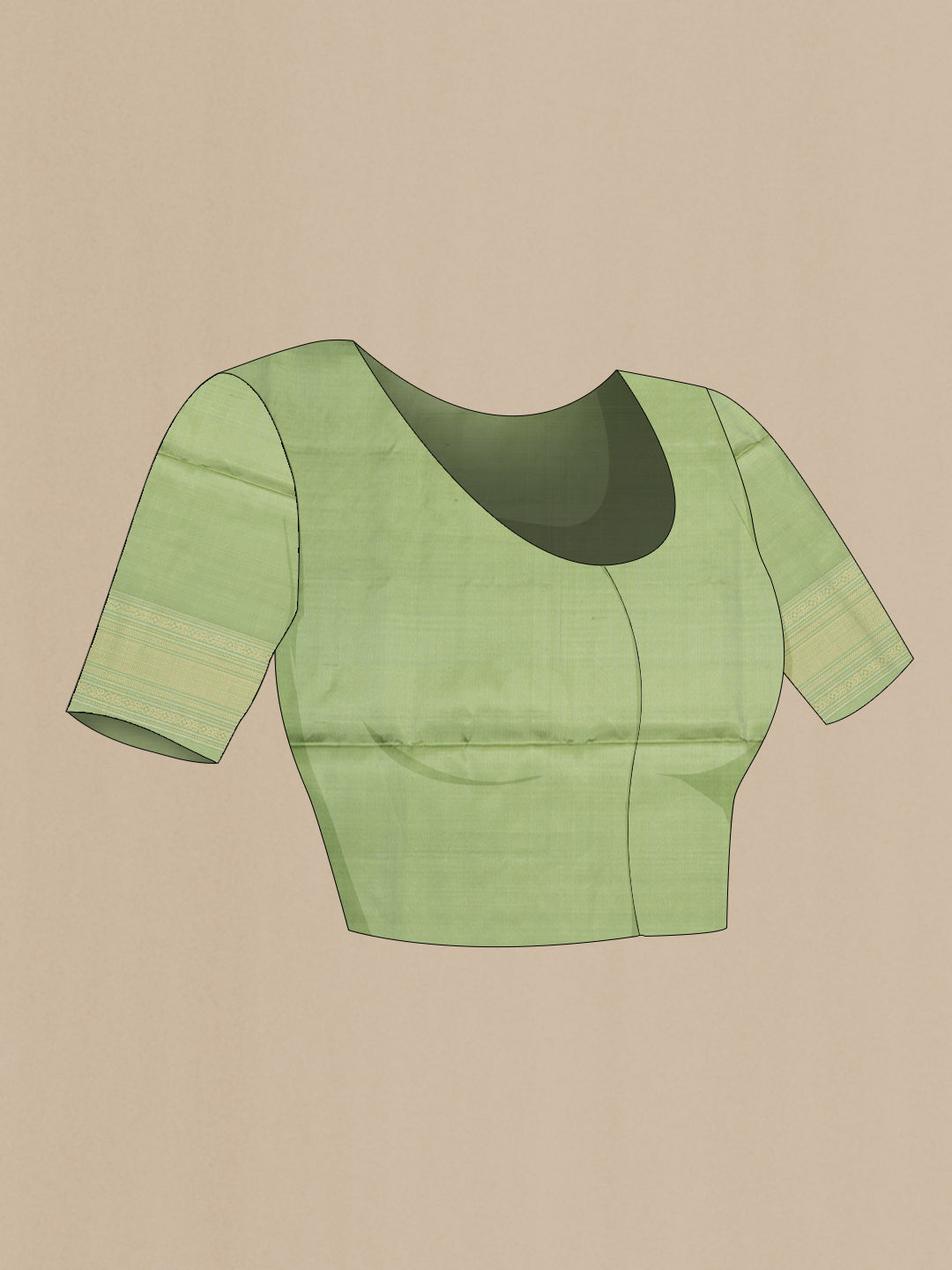 Close up image of the blouse of Pure Silk Green Dual Tone Soft Saree with Zari Butta on the body and Without Border. 