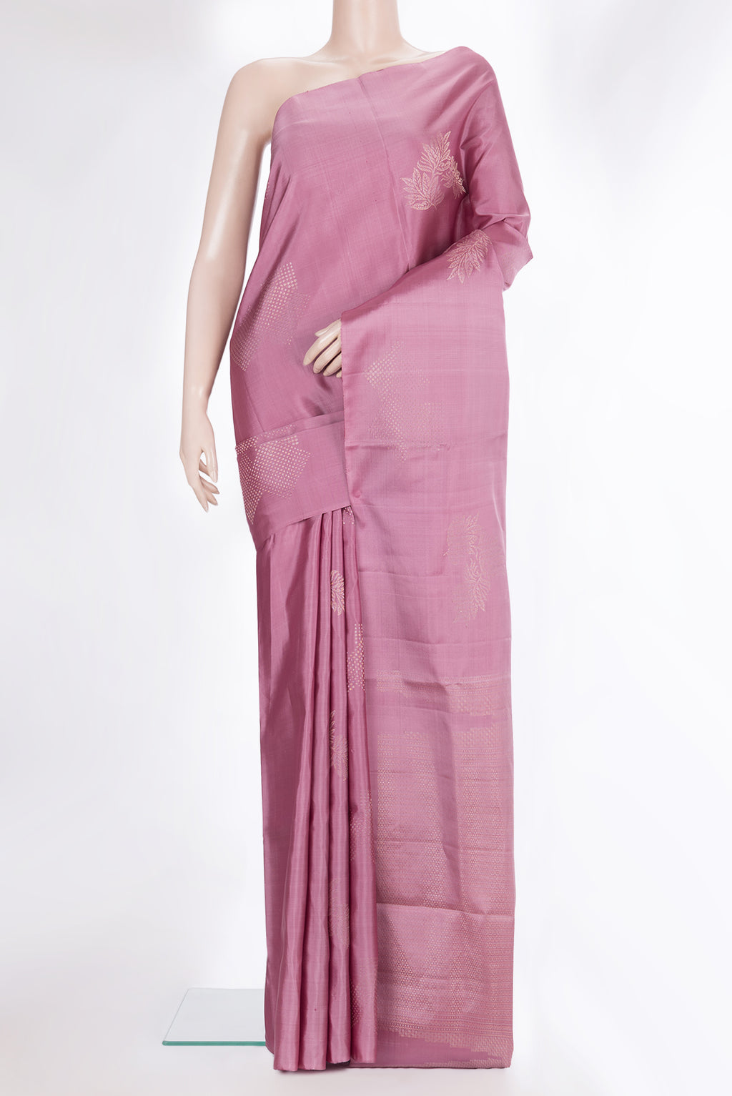 Pure Silk Pink Dual Tone Soft Saree with Zari Butta on the body and Without Border.  displayed on a mannequin