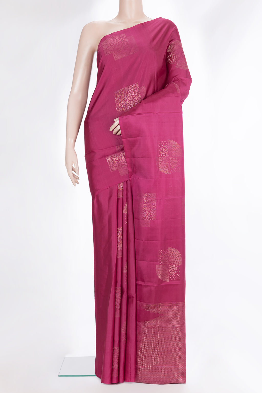 Pure Silk Magenta Dual Tone Soft Saree with Zari Butta on the body and Without Border.  displayed on a mannequin