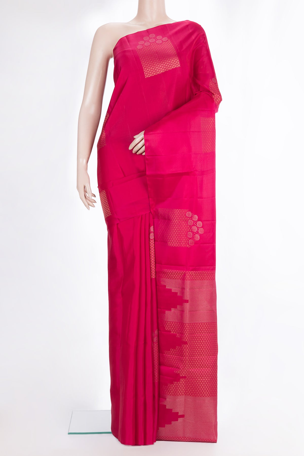 Pure Silk Dark Pink Dual Tone Soft Saree with Zari Butta on the body and Without Border.  displayed on a mannequin