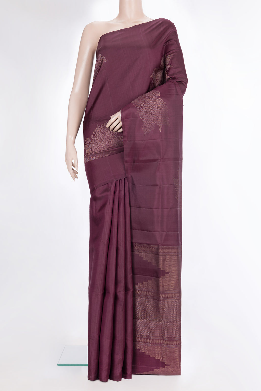 Pure Silk Burgundy Dual Tone Soft Saree with Zari Butta on the body and Without Border.  displayed on a mannequin