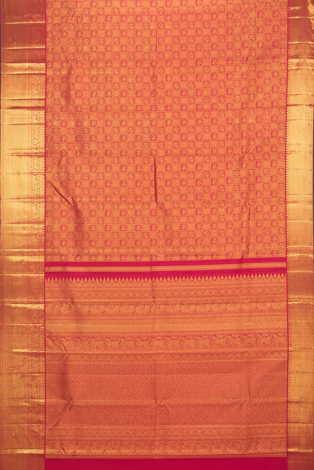 Flat view of Pure Silk Dark Pink Dual Tone Kanjivaram Saree with Zari Brocade on the body and Zari Border. 