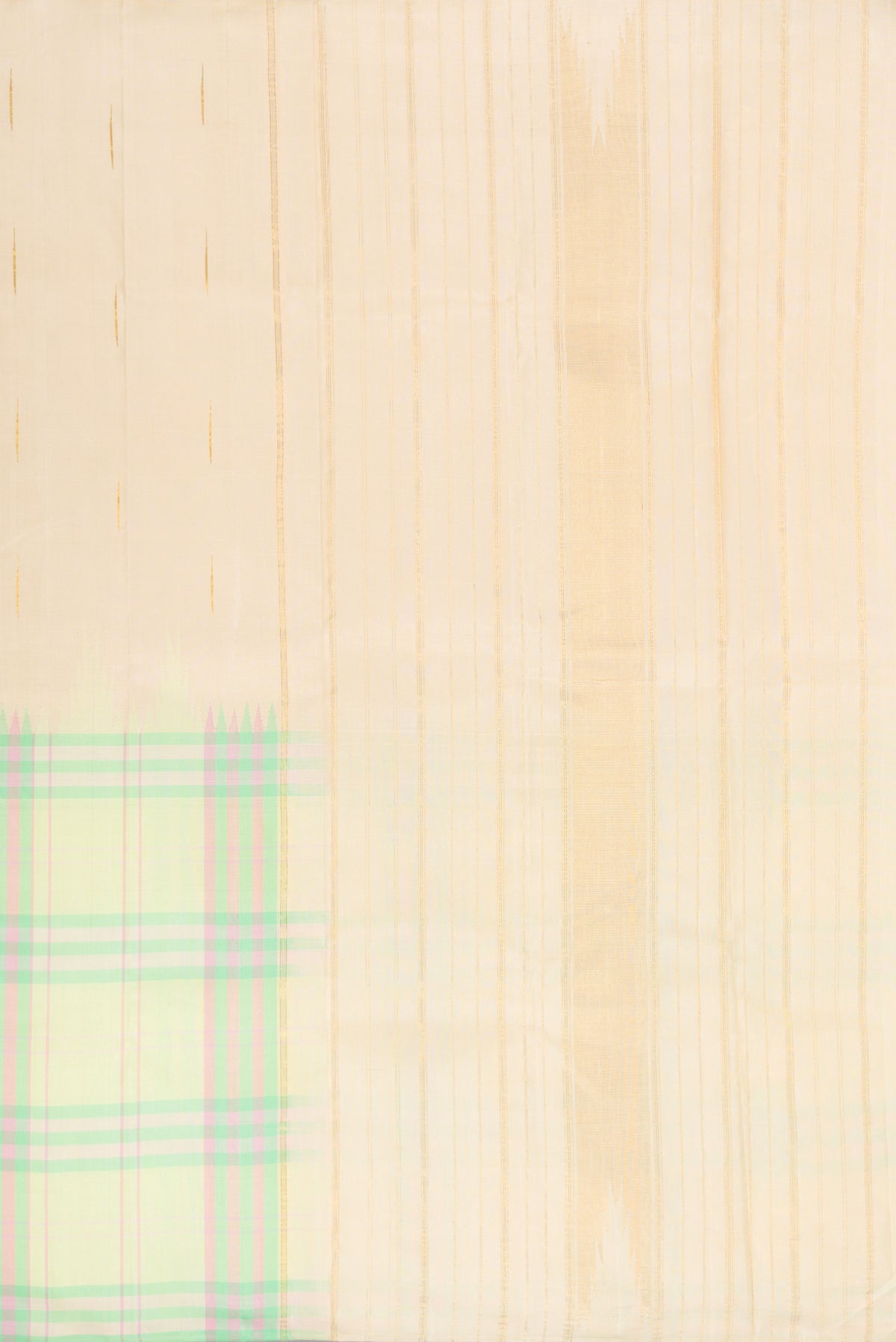 Close up image of the pallu of Pure Silk Light Green and Sandal Color Kanjivaram Saree with Half And Half on the body and Without Border. 