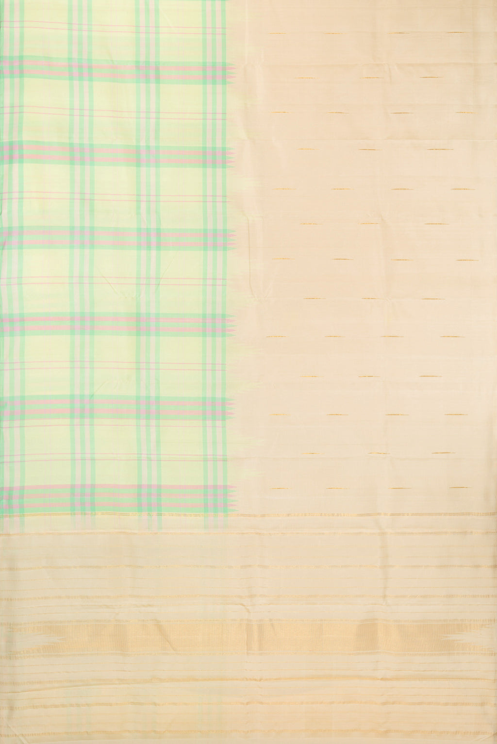 Flat view of Pure Silk Light Green and Sandal Color Kanjivaram Saree with Half And Half on the body and Without Border. 