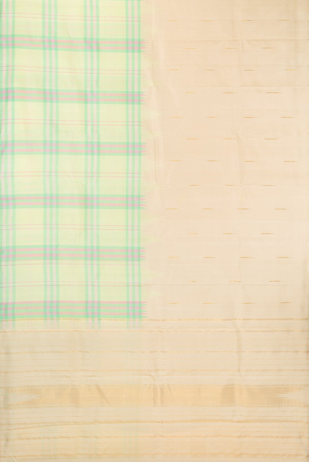Flat view of Pure Silk Light Green and Sandal Color Kanjivaram Saree with Half And Half on the body and Without Border. 