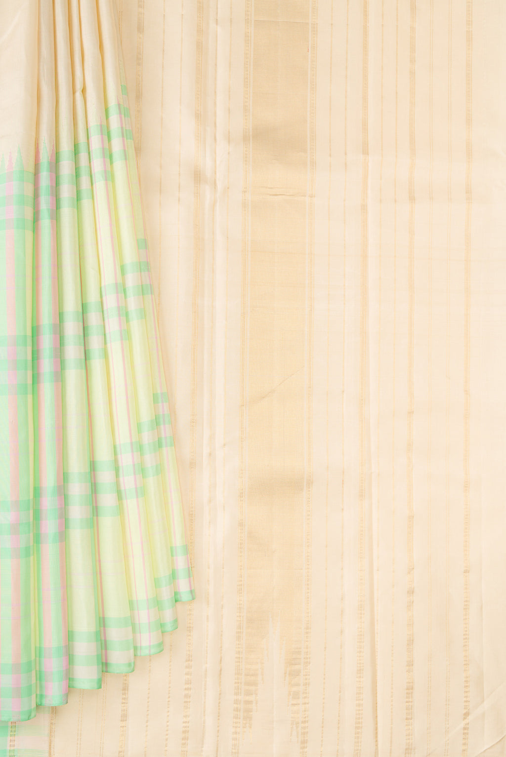 Pleats and pallu of Pure Silk Light Green and Sandal Color Kanjivaram Saree with Half And Half on the body and Without Border. 