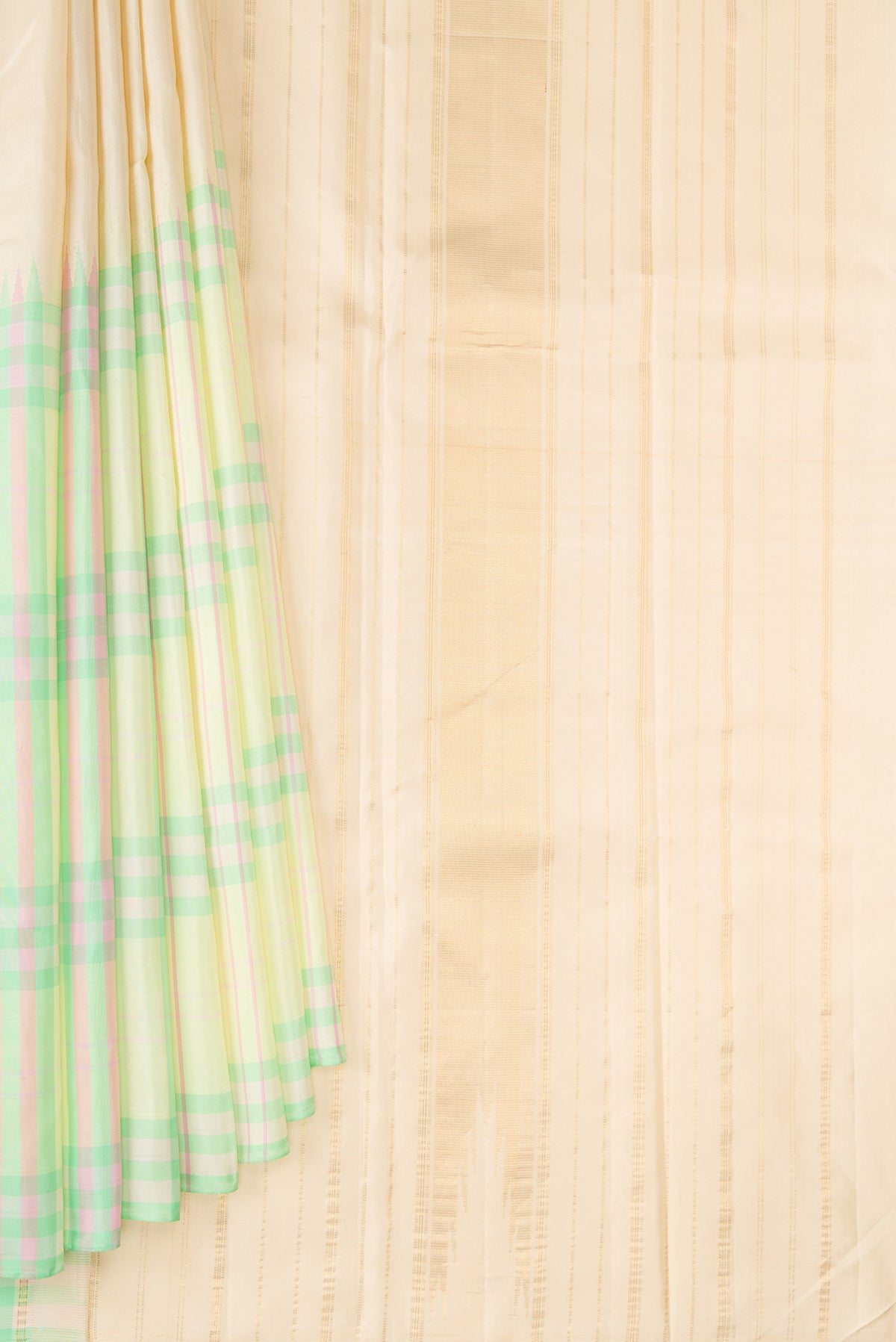 Pleats and pallu of Pure Silk Light Green and Sandal Color Kanjivaram Saree with Half And Half on the body and Without Border. 