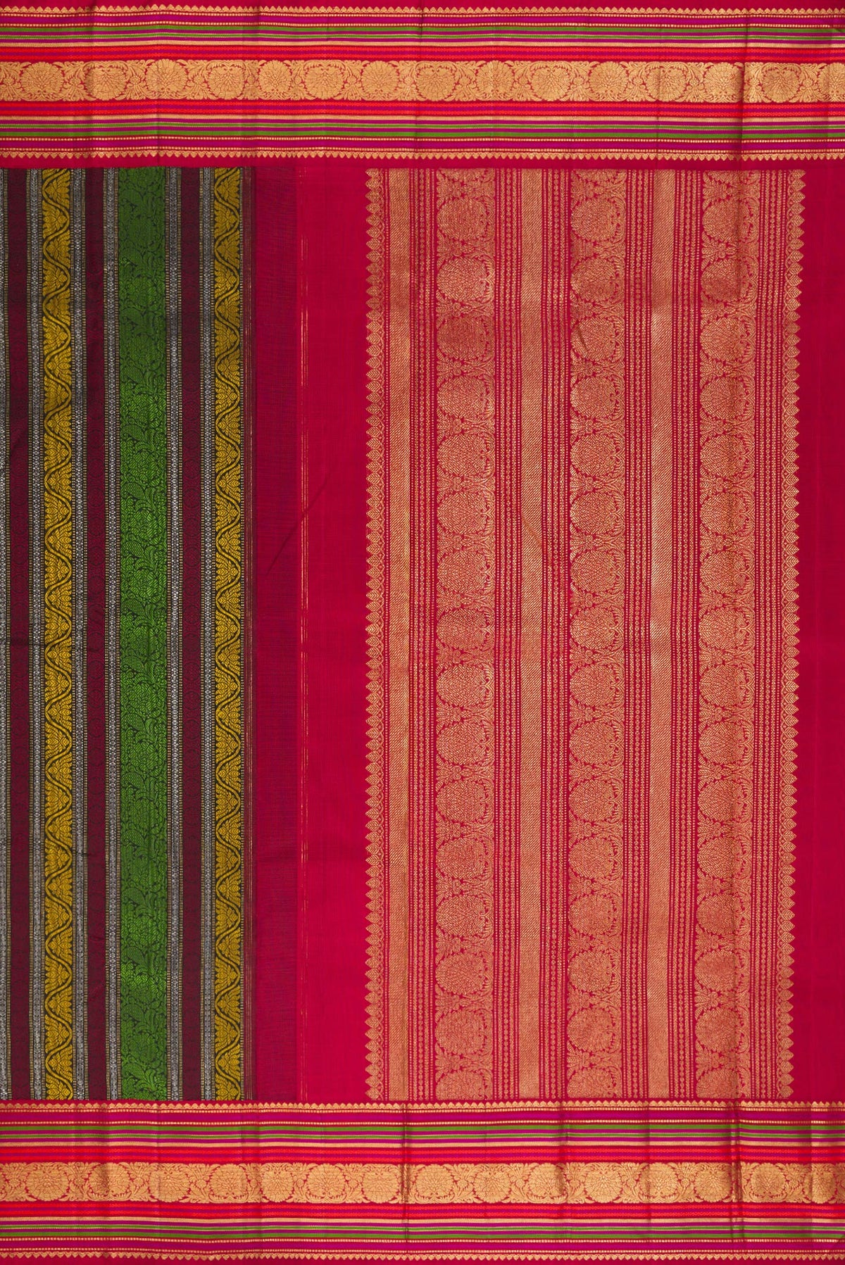 Close up image of the pallu of Pure Silk Multi Color Kanchipuram Saree with Jacquard design on the body and Zari And Thread Border. 
