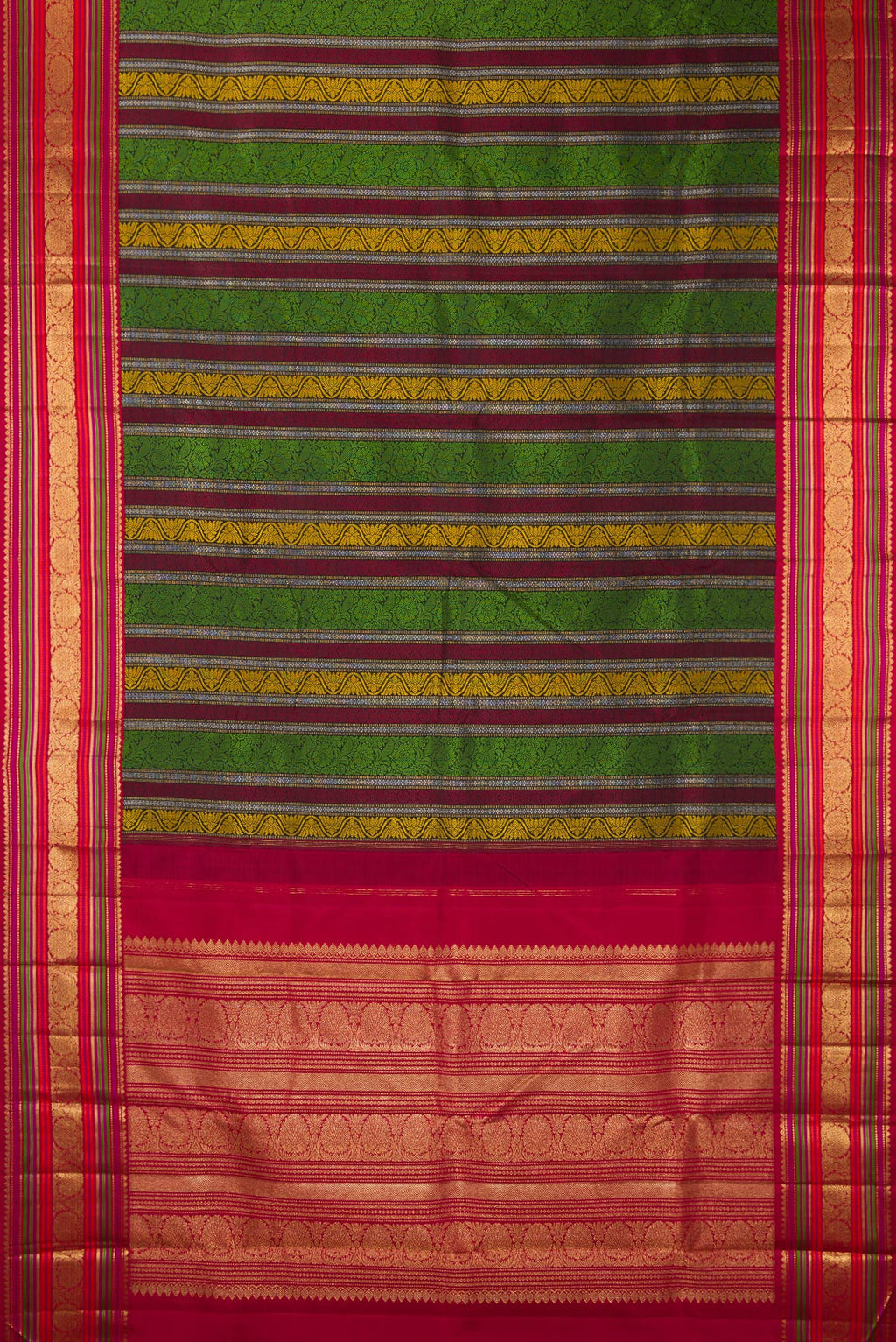 Flat view of Pure Silk Multi Color Kanchipuram Saree with Jacquard design on the body and Zari And Thread Border. 