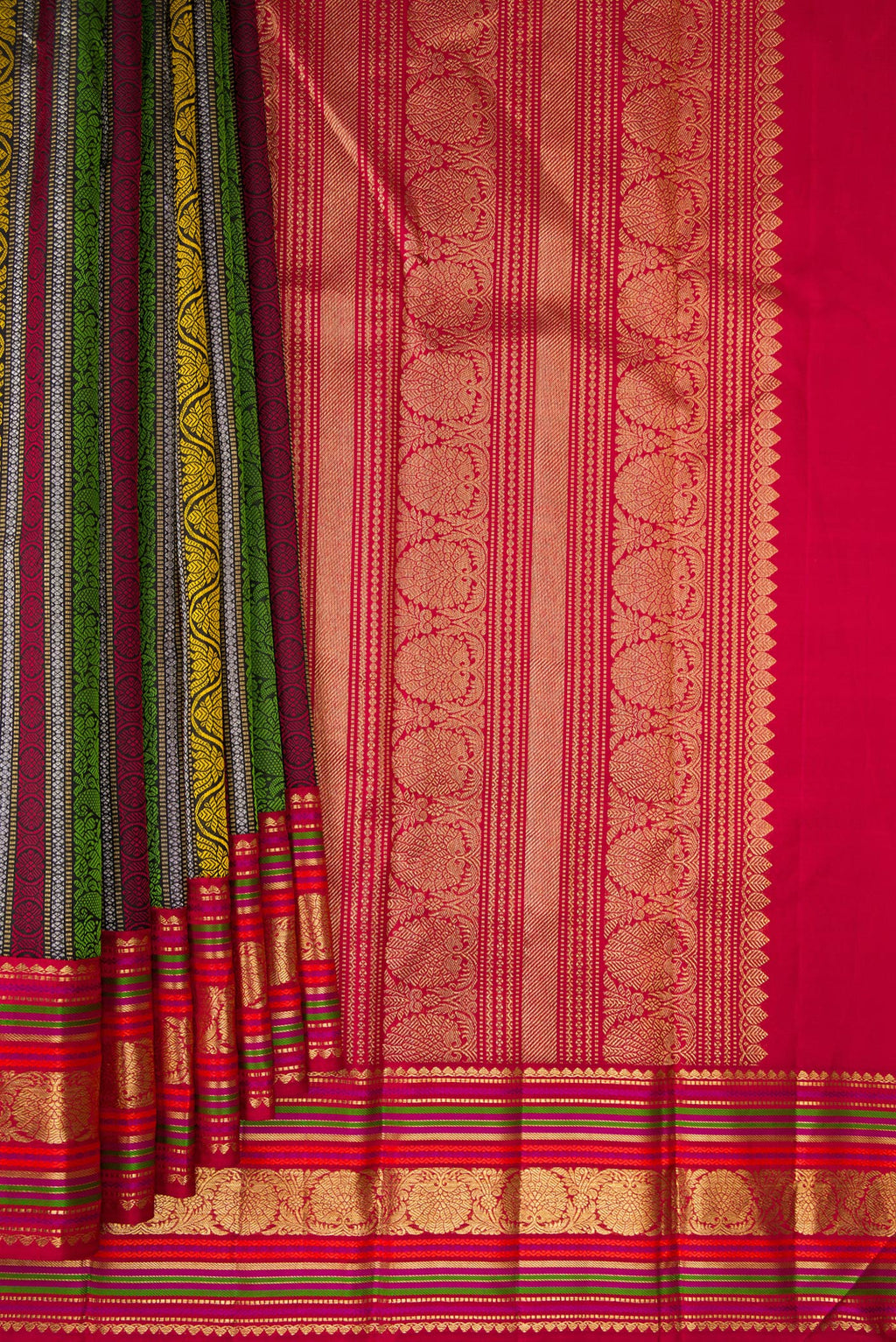 Pleats and pallu of Pure Silk Multi Color Kanchipuram Saree with Jacquard design on the body and Zari And Thread Border. 