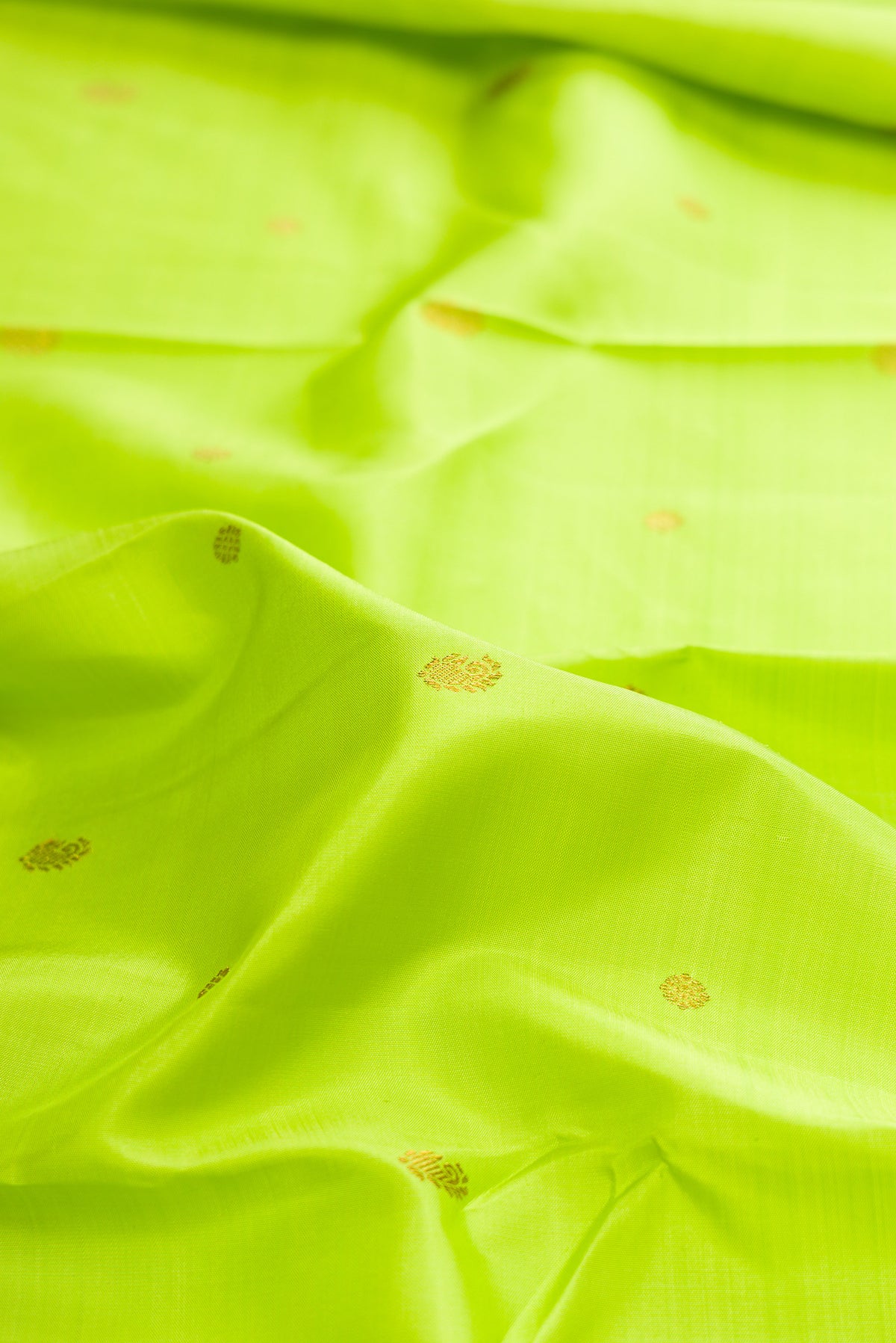 Close up of Pure Silk Parrot Green Kanchipuram Saree with Zari Butta on the body and Zari Border.  displaying folds