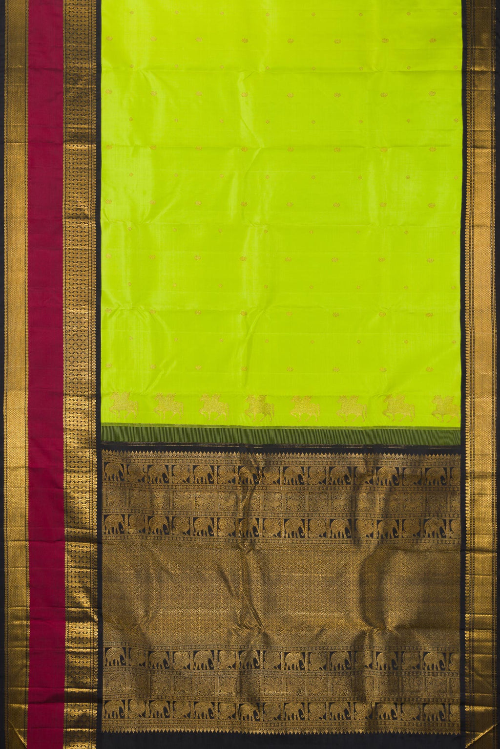 Flat view of Pure Silk Parrot Green Kanchipuram Saree with Zari Butta on the body and Zari Border. 