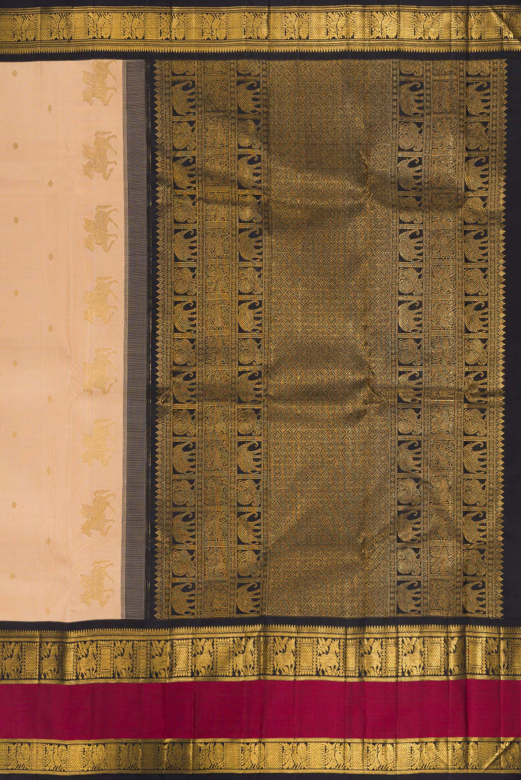 Close up image of the pallu of Pure Silk Sandal Kanchipuram Saree with Zari Butta on the body and Fancy Border. 